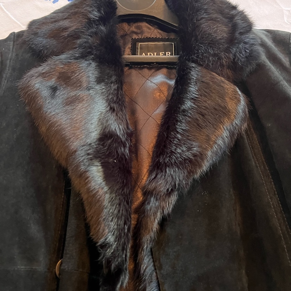 Vintage Adler black suede jacket with fur collar and trim